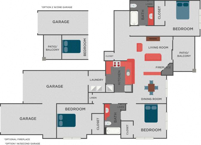 Floor plan for 3 beds, 2 baths, 1398 sqft
