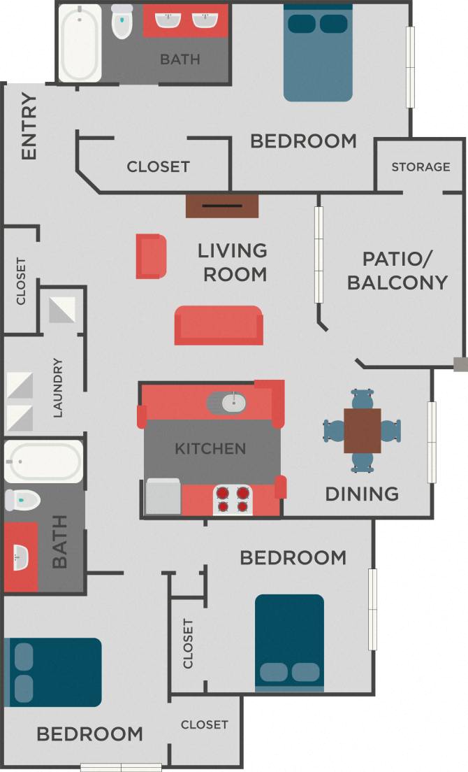 Floor plan for 3 beds, 2 baths, 1267 sqft