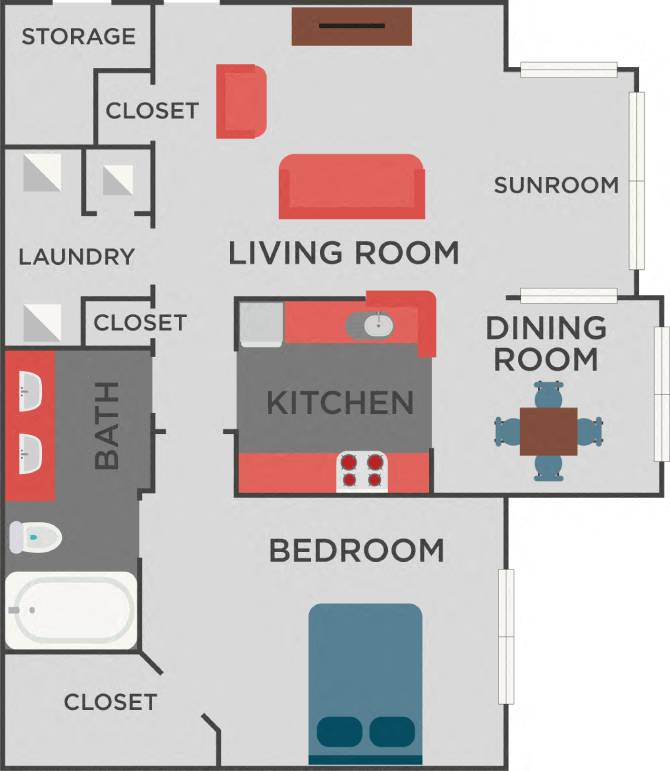 Floor plan for 1 bed, 1 bath, 812 sqft