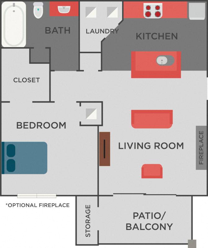 Floor plan for 1 bed, 1 bath, 615 sqft
