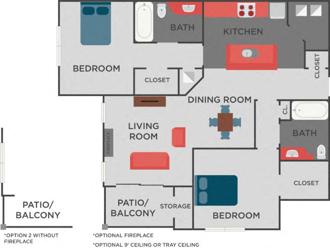 Floor plan for 2 beds, 2 baths, 1041 sqft