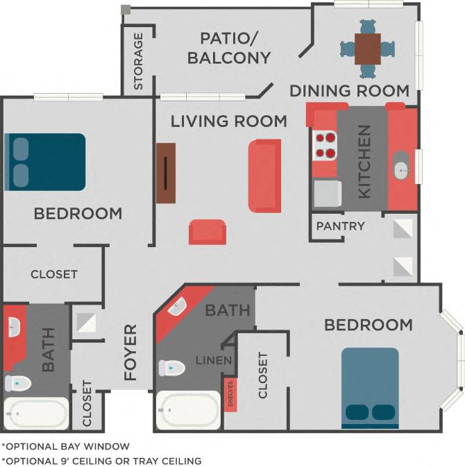 Floor plan for 2 beds, 2 baths, 1051 sqft