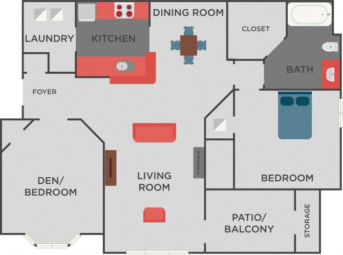 Floor plan for 1 bed, 1 bath, 940 sqft