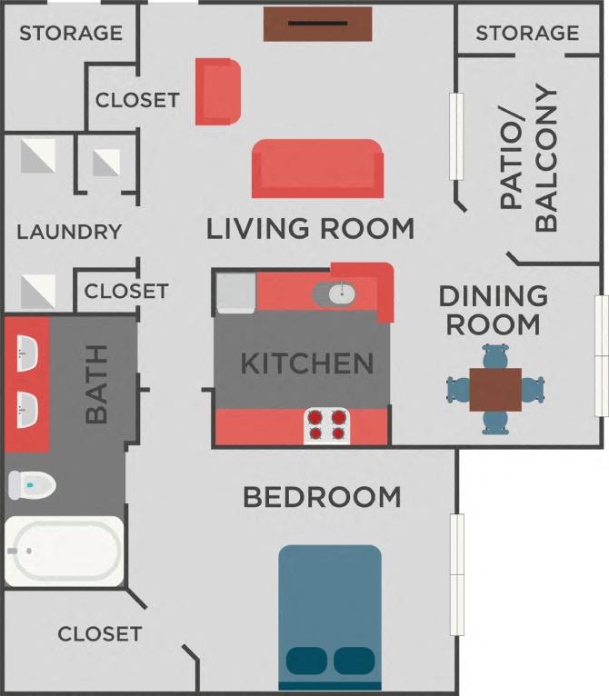 Floor plan for 1 bed, 1 bath, 757 sqft