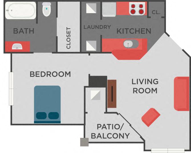 Floor plan for 1 bed, 1 bath, 593 sqft