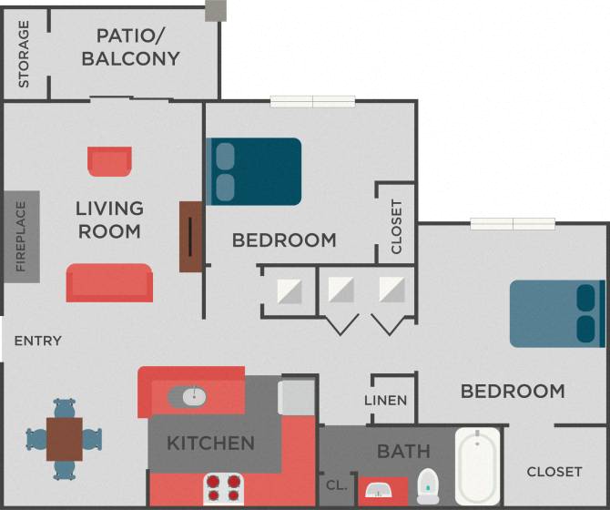 Floor plan for 2 beds, 1 bath, 892 sqft