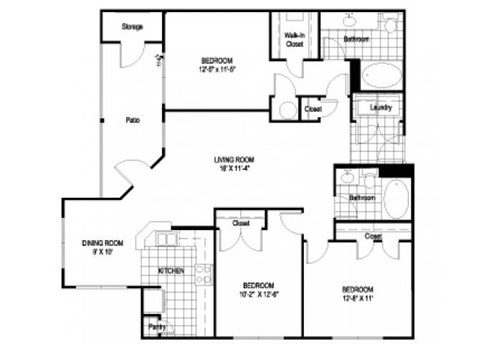 Floor plan for 3 beds, 2 baths, 1276 sqft