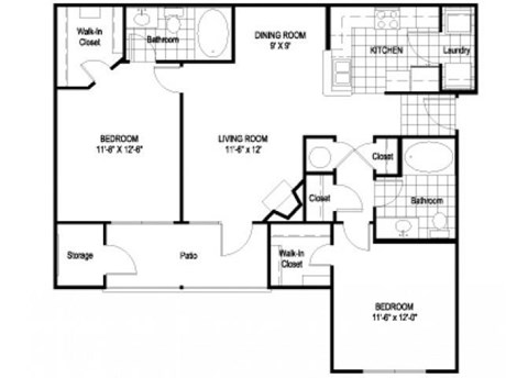 Floor plan for 2 beds, 2 baths, 1034 sqft