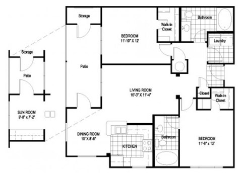 Floor plan for 2 beds, 2 baths, 1139 sqft