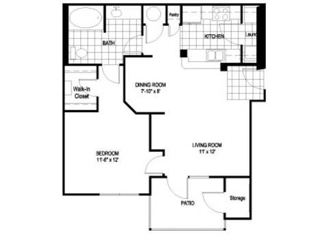 Floor plan for 1 bed, 1 bath, 734 sqft