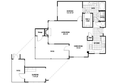 Floor plan for 1 bed, 1 bath, 1006 sqft