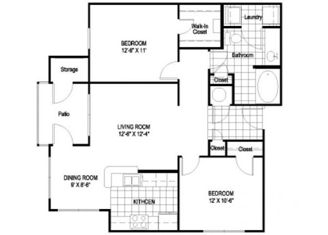 Floor plan for 2 beds, 1 bath, 918 sqft