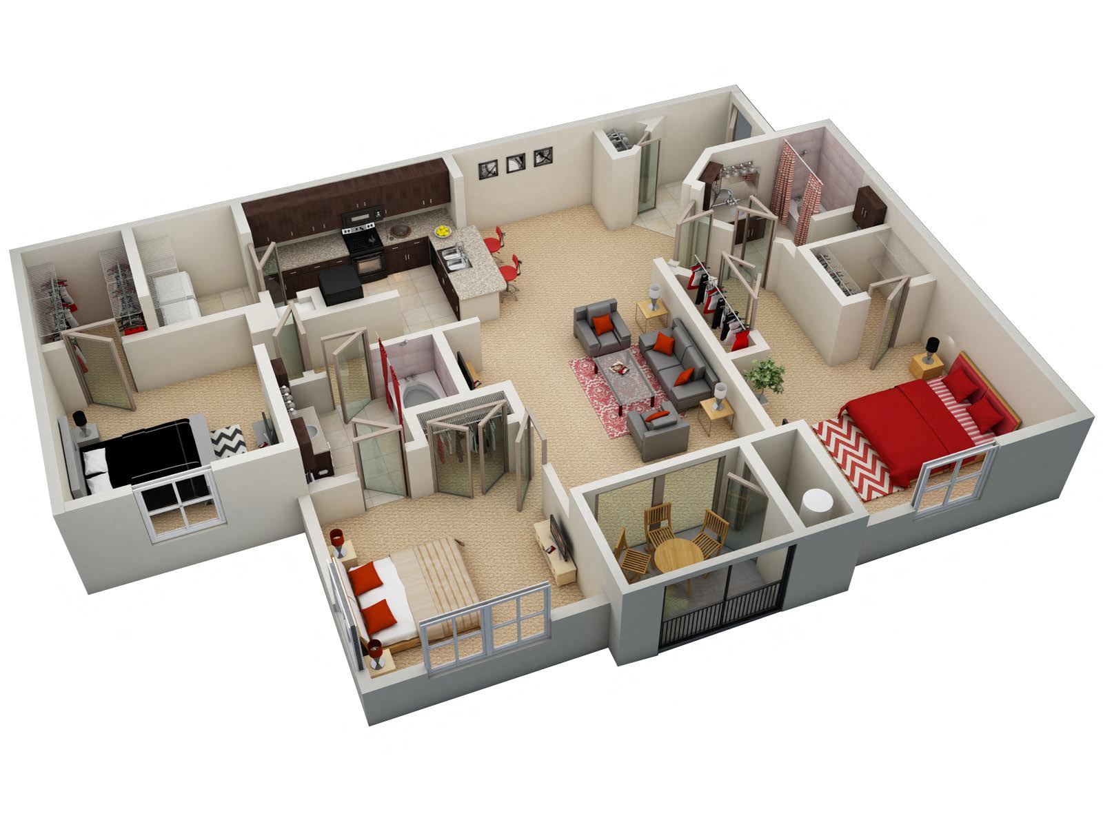 Floor plan for 3 beds, 2 baths, 1490 sqft
