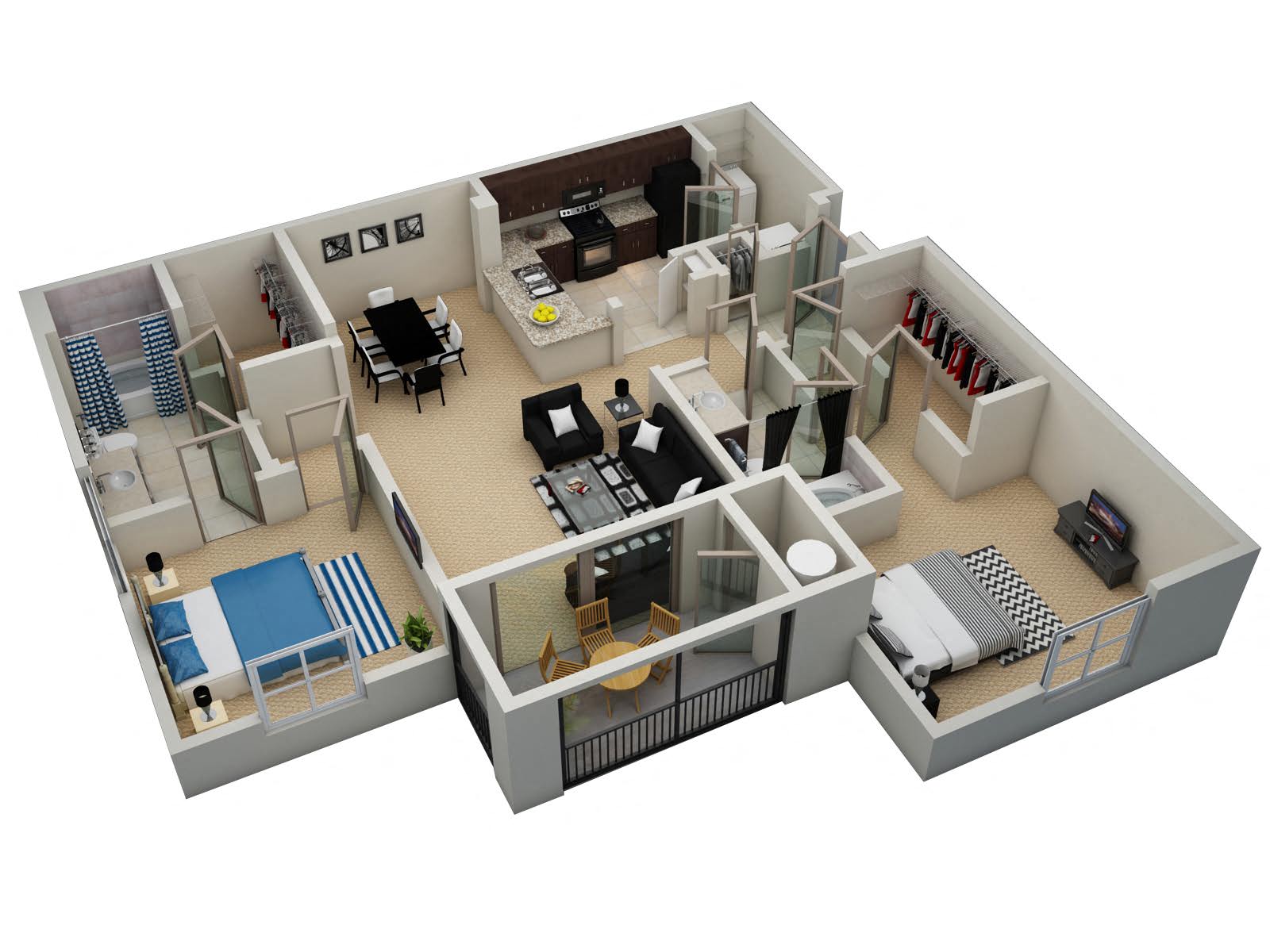 Floor plan for 2 beds, 2 baths, 1197 sqft