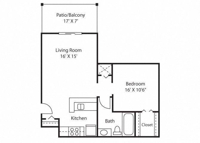 Floor plan for 1 bed, 1 bath, 584 sqft