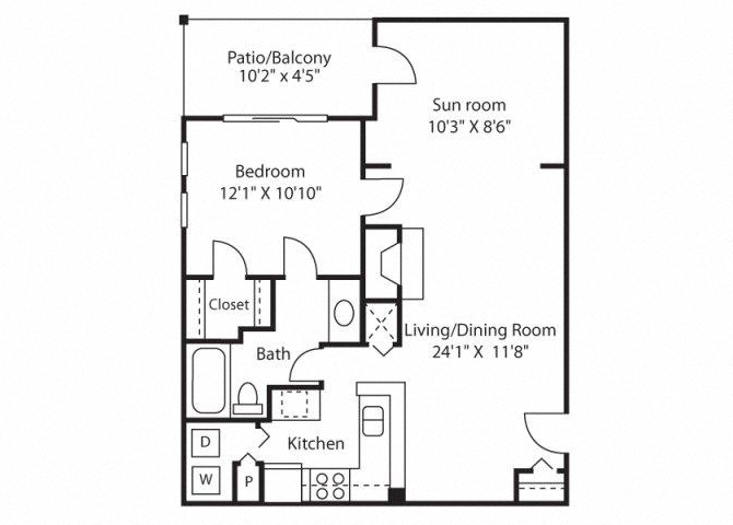 Floor plan for 1 bed, 1 bath, 720 sqft