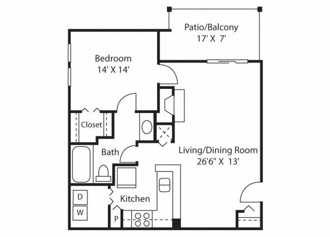 Floor plan for 1 bed, 1 bath, 737 sqft