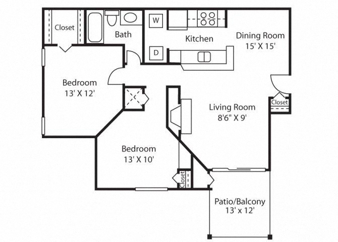 Floor plan for 2 beds, 1 bath, 1022 sqft