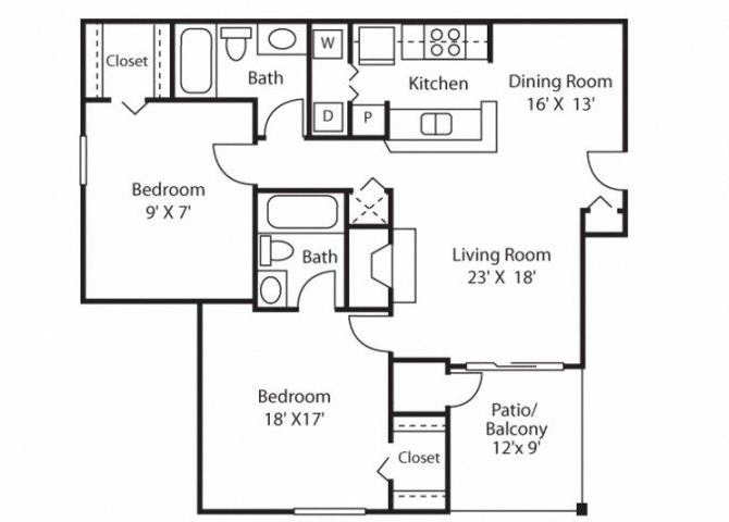 Floor plan for 2 beds, 2 baths, 1073 sqft