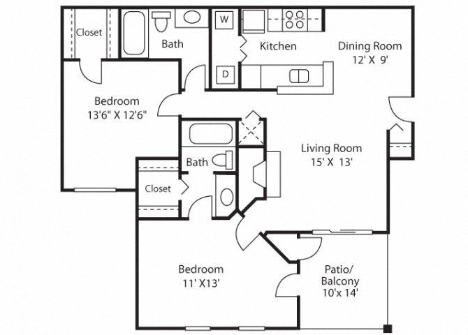 Floor plan for 2 beds, 2 baths, 1087 sqft