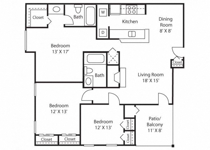 Floor plan for 3 beds, 2 baths, 1181 sqft