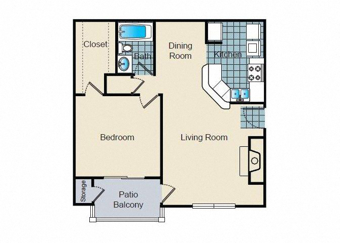 Floor plan for 1 bed, 1 bath, 713 sqft