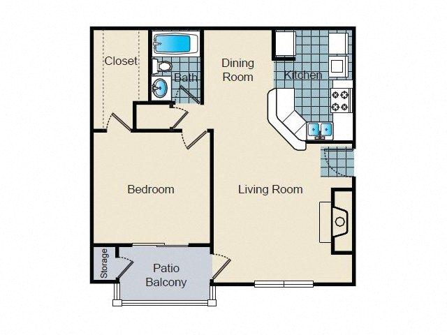Floor plan for 1 bed, 1 bath, 713 sqft