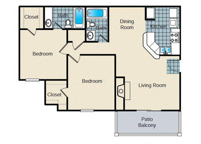 Floor plan for 2 beds, 2 baths, 938 sqft
