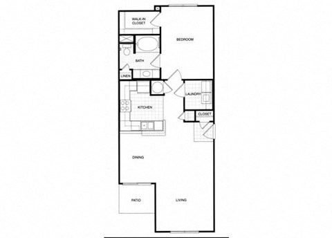 Floor plan for 1 bed, 1 bath, 858 sqft