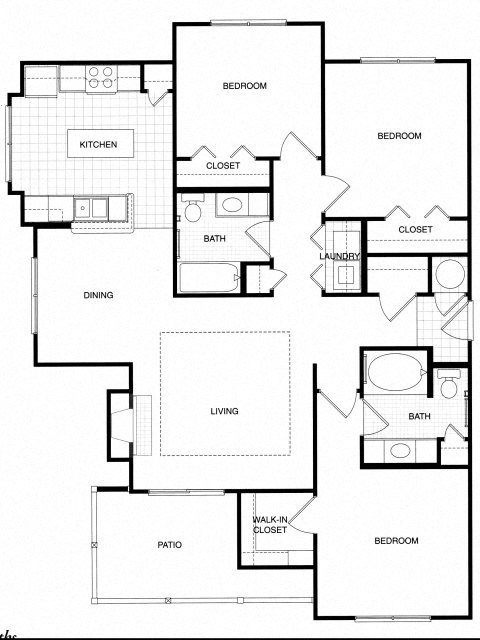Floor plan for 3 beds, 2 baths, 1317 sqft