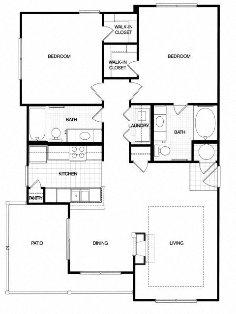 Floor plan for 2 beds, 2 baths, 1079 sqft