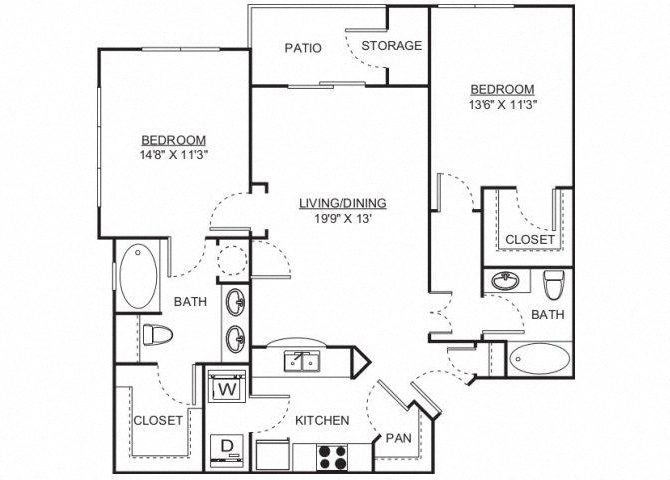 Floor plan for 2 beds, 2 baths, 1131 sqft