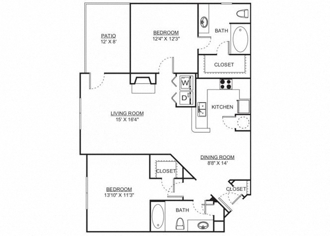 Floor plan for 2 beds, 2 baths, 1235 sqft