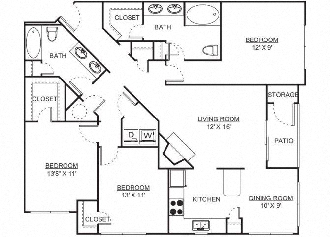 Floor plan for 3 beds, 2 baths, 1448 sqft