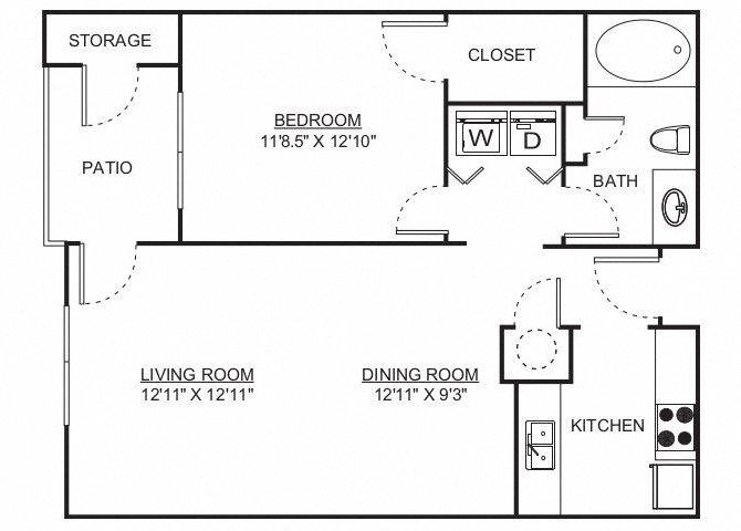 Floor plan for 1 bed, 1 bath, 792 sqft