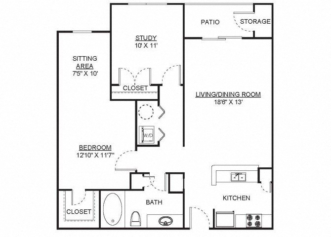 Floor plan for 2 beds, 1 bath, 1024 sqft