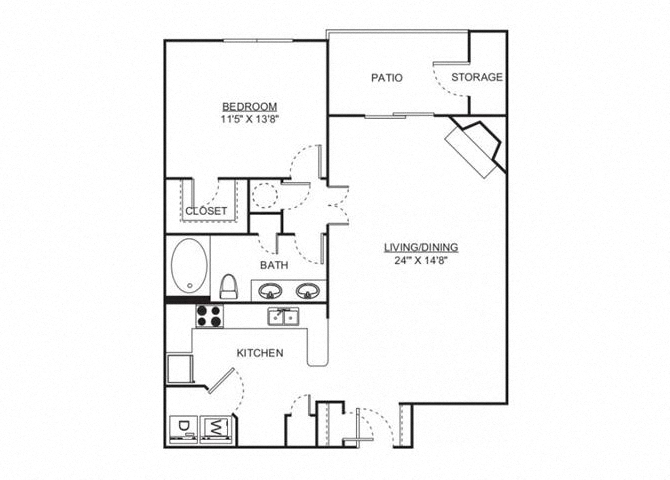 Floor plan for 1 bed, 1 bath, 984 sqft