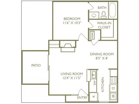 Floor plan for 1 bed, 1 bath, 588 sqft