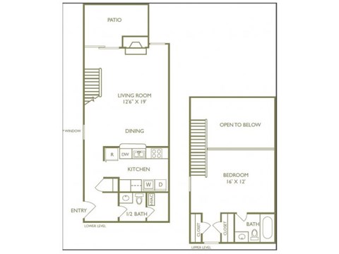 Floor plan for 1 bed, 1.5 baths, 826 sqft