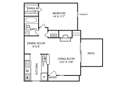 Floor plan for 1 bed, 1 bath, 669 sqft