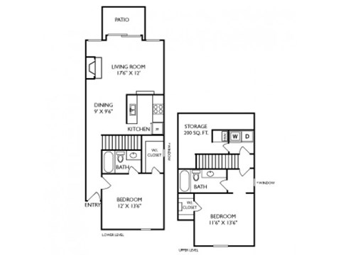Floor plan for 2 beds, 2 baths, 1047 sqft
