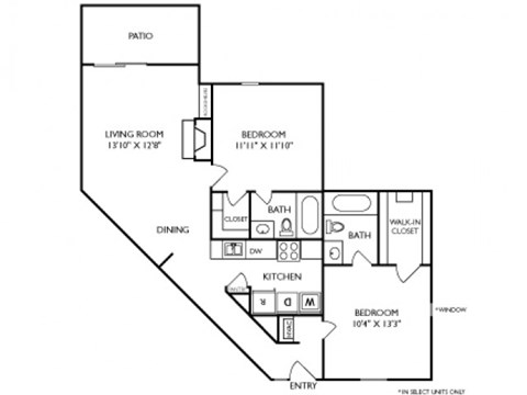Floor plan for 2 beds, 2 baths, 946 sqft