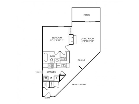 Floor plan for 1 bed, 1 bath, 715 sqft