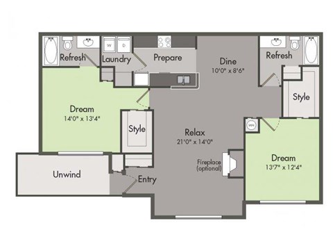Floor plan for 2 beds, 2 baths, 1237 sqft