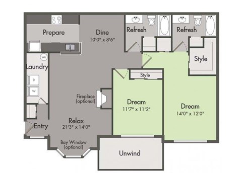 Floor plan for 2 beds, 2 baths, 1266 sqft