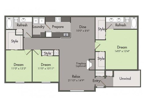 Floor plan for 3 beds, 2 baths, 1476 sqft