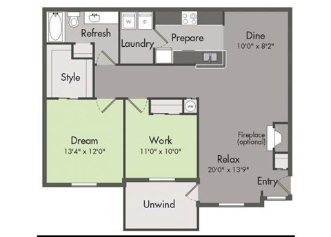 Floor plan for 1 bed, 1 bath, 1038 sqft