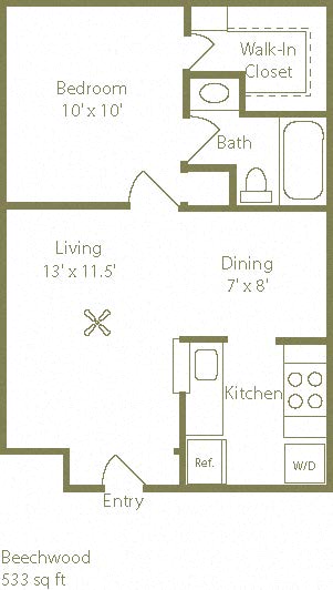 Floor plan for 1 bed, 1 bath, 533 sqft