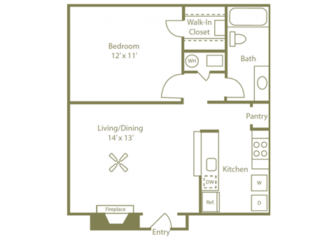 Floor plan for 1 bed, 1 bath, 666 sqft