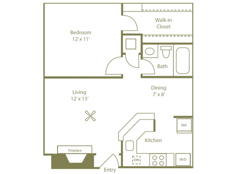 Floor plan for 1 bed, 1 bath, 606 sqft